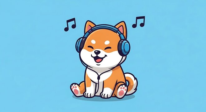 Cartoon singing dog with musical notes and headphones.