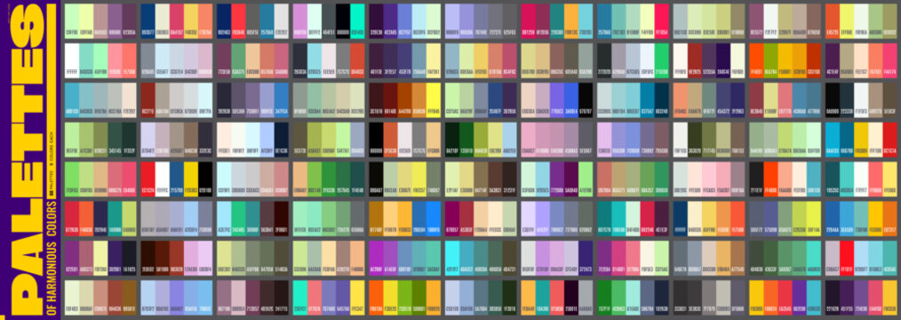 Color harmony palette with cool, warm and vibrant RGB scheme swatches. Clean, professional grid layout against gray background. Color palettes for graphic designers, web developers and digital artists