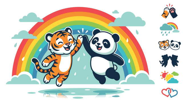 Flat vector illustration of a cute cartoon tiger and giant panda jumping for a high-five celebration in front of a colorful rainbow, turquoise clouds, and raindrop elements.