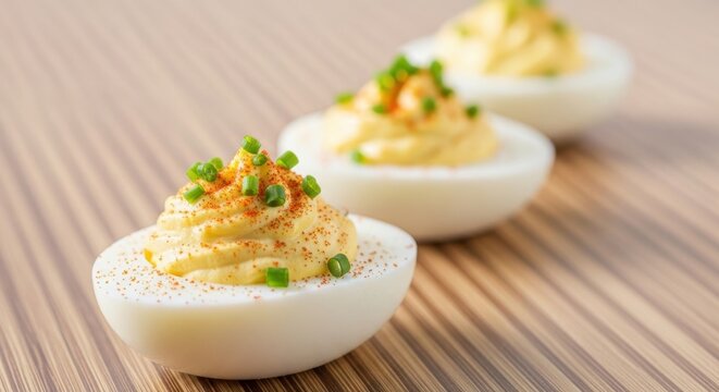 Delicious deviled eggs appetizer with chives and paprika garnish, perfect for any party or gathering.