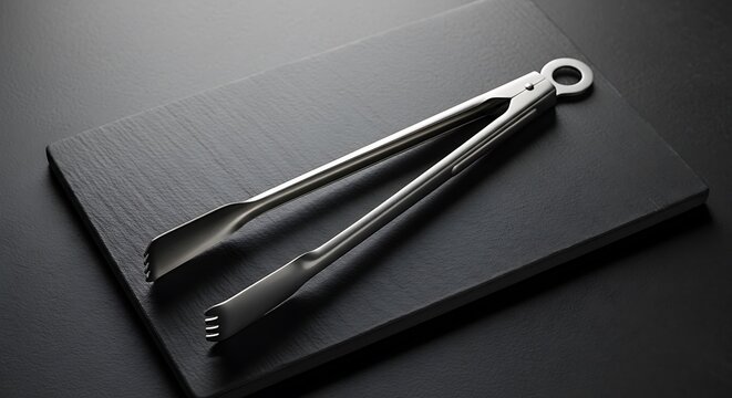 Stainless steel kitchen tongs on a dark slate board
