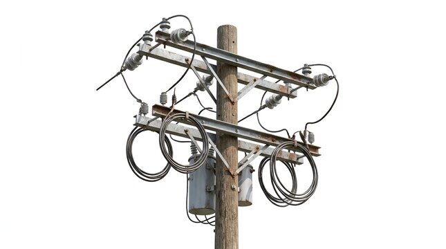 Wooden utility pole with electrical wires, transformers, and insulators against a white background