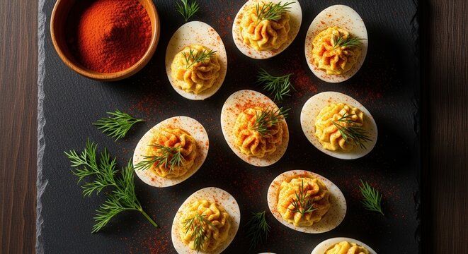 Savory Deviled Eggs garnished with dill and paprika arranged attractively for a party