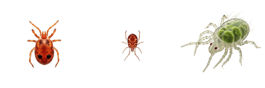 Spider mite, Tetranychus urticae, plant foliage agricultural pest, Tetranychidae family, two-spotted spider mite, phytophagous sap-sucking acari cell destroyer, greenhouse crop pathology reference