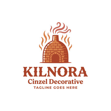 Traditional brick kiln oven logo with rising flames and smoke for bakery or pottery branding.