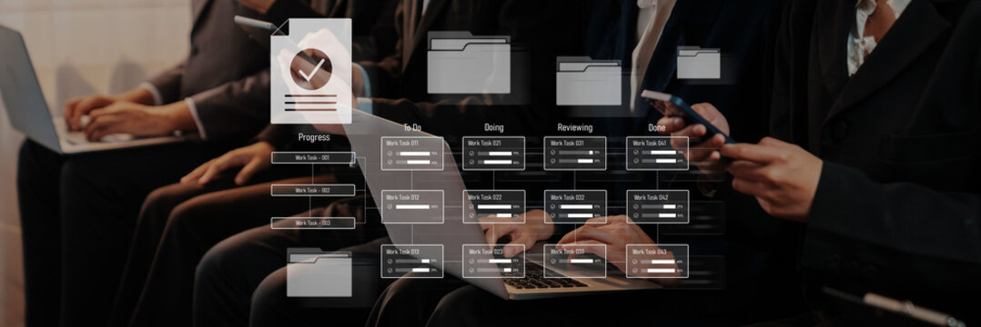 A diverse team of professionals engages with laptops and smartphones to streamline project workflows and manage data in a collaborative, innovative environment. Trope