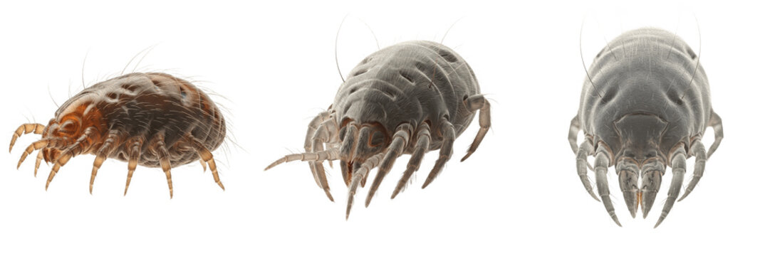 Mite extreme close-up, Sarcoptes scabiei, capitulum chelicerae jaws, Sarcoptidae family, terminal leg suckers pedicels magnification, veterinary microscopic skin tissue scrapings analysis