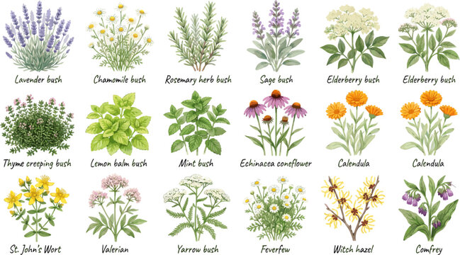 Set of watercolor medicinal herbs and healing plants with names.