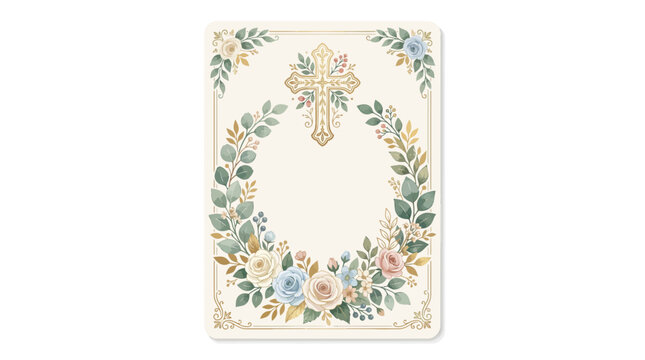 Watercolor floral invitation card with a golden cross and wreath for religious ceremonies.