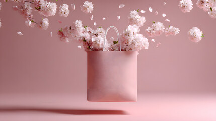 Obraz premium Creative concept of pink shopping bag filled with blooming cherry blossoms floating in soft pink space.