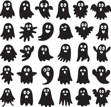 Doodle cute ghosts Haloween great collection. Simple spooky character. Scary ghostly monsters.