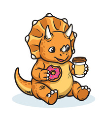 Triceratops dino is drinking coffee and eating donut © gunaonedesign
