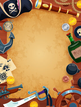 Cartoon vintage paper scroll banner with pirate weapons and corsair tricorn hat. Pirate treasure map scroll poster with with spy glass, rum, playing cards and coins, rope, steering wheel and anchor
