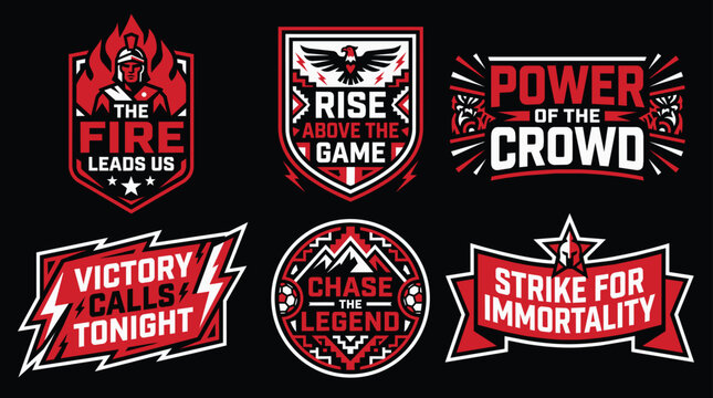 Collection of six graphic emblems with motivational phrases in bold red and white