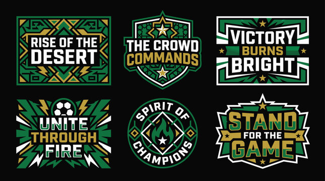 Energetic typographic emblems for sports teams and motivational slogans in green and gold
