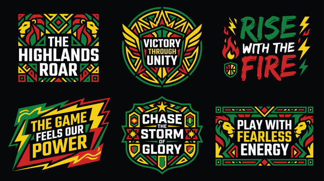 Rastafarian inspired motivational quotes and emblems for sports and achievement on black background