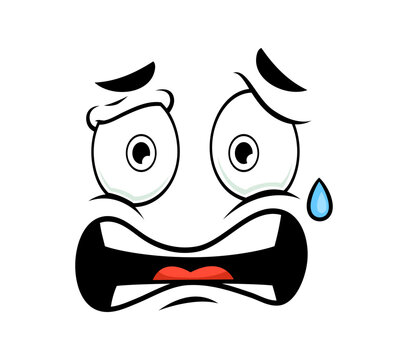 Cartoon face expressing grief and despair emotion. Comic emoji character with arched sad brows, single blue tear and wide trembling mouth. Sad emotion for printable flashcards and kids apparel design