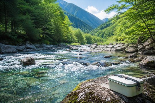 透き通る山の渓流が流れる夏の谷間に、ホーローのランチボックスが静かに置かれている。
流れる水面とぼけた緑の森林が、広く爽やかな余白空間を演出。
自然光の反射と透明感ある水が、アウトドアらしい清涼感を強調。