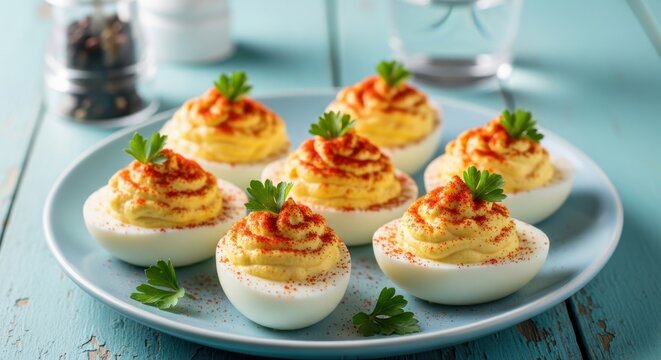 Six Delicious Deviled Eggs Garnished with Paprika and Parsley, Presented on a Blue Plate