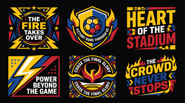Sports team emblems with motivational slogans on a black background