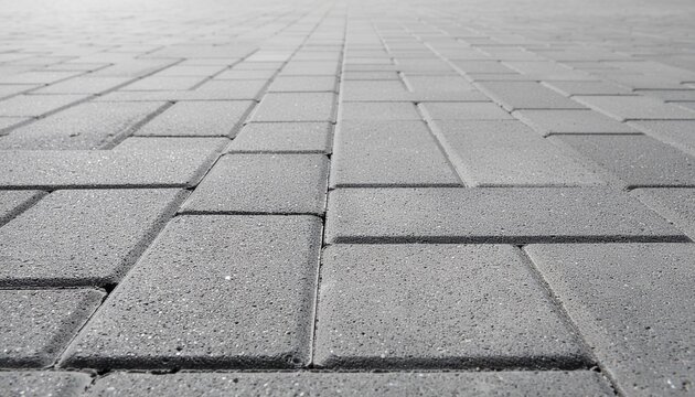 Monochrome close-up of a vast geometric paved surface crafted from interlocking concrete blocks, stretching into the horizon, offering a textured background with a distinct pattern and perspective