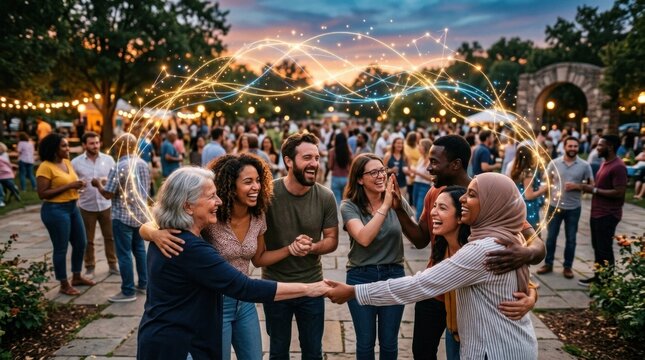 A group of people dancing at an outdoor event with a colorful, glowing circle in the foreground.