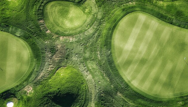 Breathtaking aerial view of a meticulously manicured golf course, showcasing vibrant green fairways, strategic sand bunkers, and flowing contours of the landscape under bright sunlight