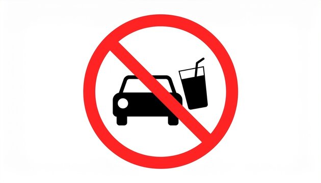 Prohibition sign no eating or drinking in vehicles. Graphic displays car and drink symbols crossed by red circle with slash, a universal warning