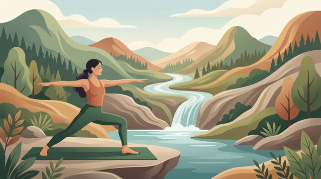 Woman in warrior pose practicing yoga on a cliffside overlooking a serene waterfall surrounded by lush greenery and mountains