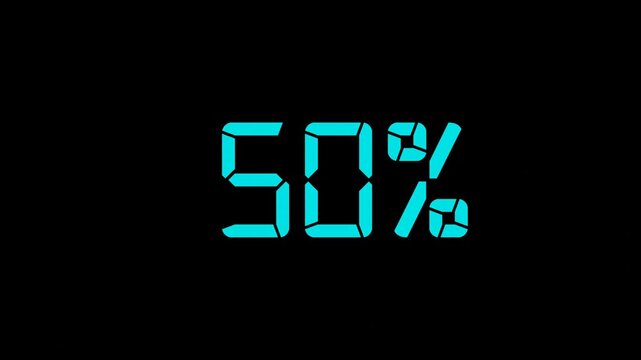 Digital percentage counter counting down from 100 to 0 with cyan seven segment display on dark background