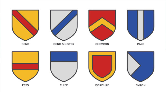 Heraldic Shield Elements and Geometric Patterns Set.