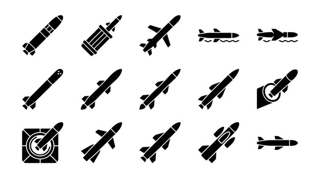 Set of black glyph icons featuring various military missiles and rockets.