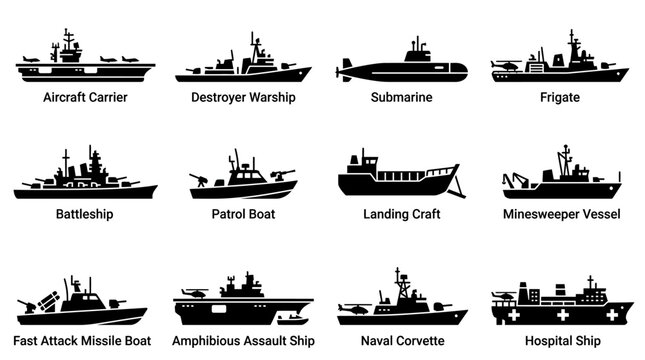 Set of various naval military ships and maritime vessels silhouettes.
