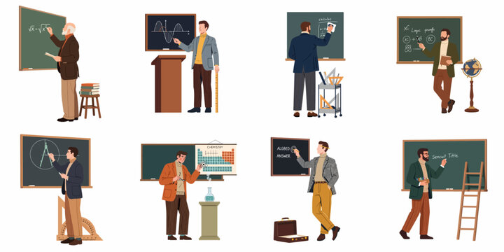 Set of diverse male professors and teachers illustrating various academic subjects like math, physics, and chemistry on chalkboards in a flat style.