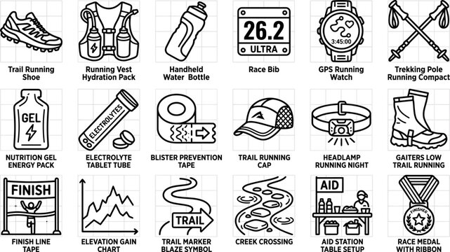 Trail running equipment and race essentials line icons set.