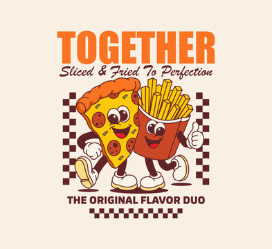Retro pizza and fries cartoon character for t shirt design, streetwear fashion graphic, playful fast food illustration with vintage typography