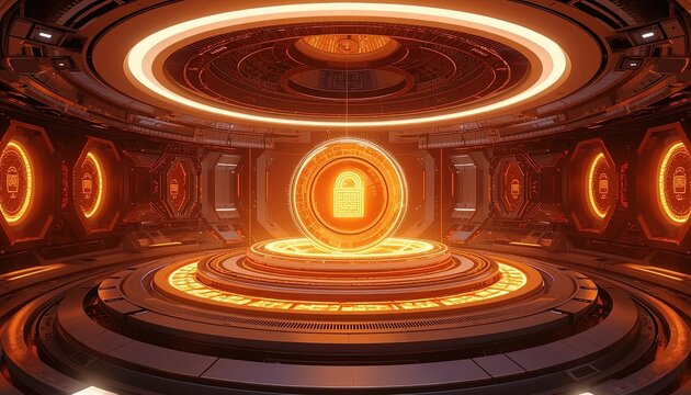 Immersive conceptual digital asset platform illuminated within a sophisticated futuristic chamber, representing secure data or virtual currency technology