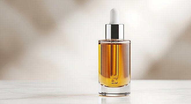 Golden liquid in a dropper bottle on a surface with a soft focus bokeh light effect