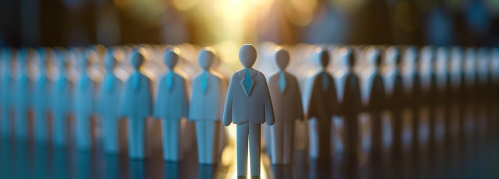 Leadership Silhouette: A single illuminated figure stands at the forefront of a blurred, uniform line of silhouetted people, symbolizing leadership, guidance, and direction in a professional context.
