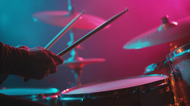 Concert Performance Banner Featuring Drummer Hands and Dynamic Lighting