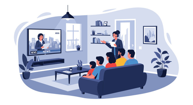 Illustration showing a family of five sitting together on a large sofa while watching a television news broadcast in their living room.