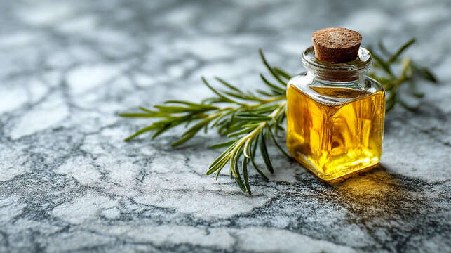 Glass bottle of rosemary infused oil on a textured surface with rosemary sprig rosemary ingredient
