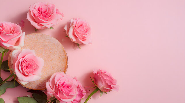 Delicious round sponge cake surrounded by soft pink roses on a pastel pink background.