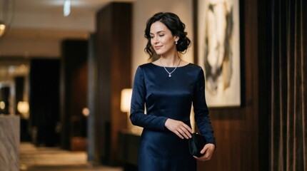 Fototapeta premium A woman in a dark blue dress standing in a luxurious hotel lobby.