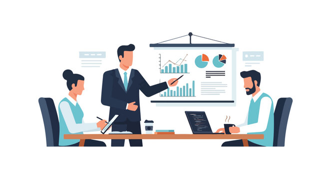 A professional business team conducts a meeting while a male colleague presents data charts on a board in a modern office setting.