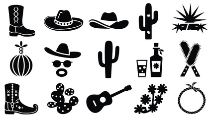 Vintage style silhouette icons showcasing cowboy boots hats cacti agave tequila guitar and rope in bold black designs © PRITOM