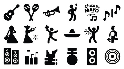 Obraz premium Cinco de mayo music themed icon set with guitar maracas trumpet and dancing people