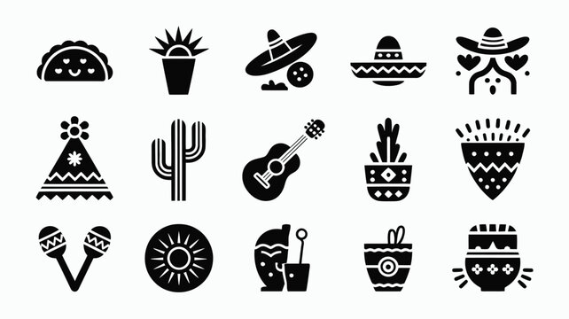 Vibrant modern minimalist cinco de mayo icon set featuring cultural symbols like tacos cacti guitars and traditional hats in bold black and white designs