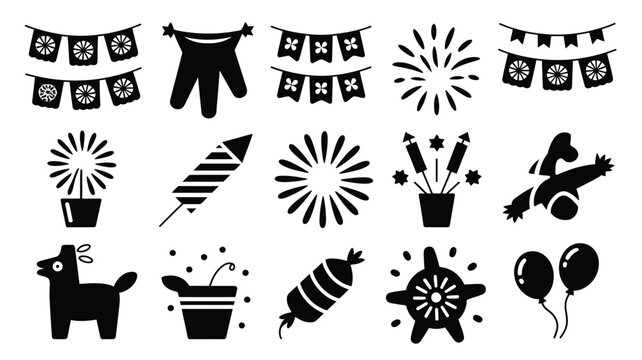 Cinco de mayo celebration silhouette icons set including fireworks flags and donkey