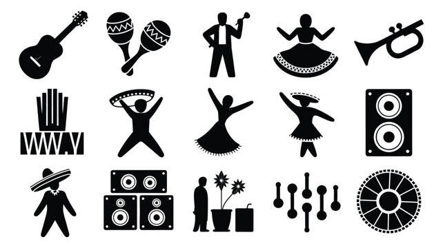 Cinco de mayo music themed icon set with guitar maracas trumpet dancers speakers and sombrero on white background